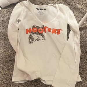 Hooters White Long Sleeve V-Neck Tee with Orange Logo